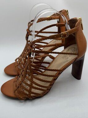 Vince Camuto Ariah Women’s 8M Cognac Brown Leather Braided Block Heel Sandals